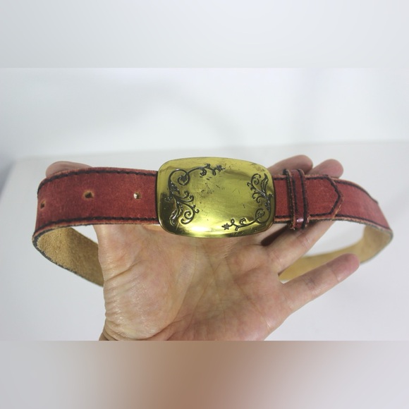 Vintage Red Leather Belt with Gold Statement Buckle Made in USA Black Topstitchi - Picture 3 of 10